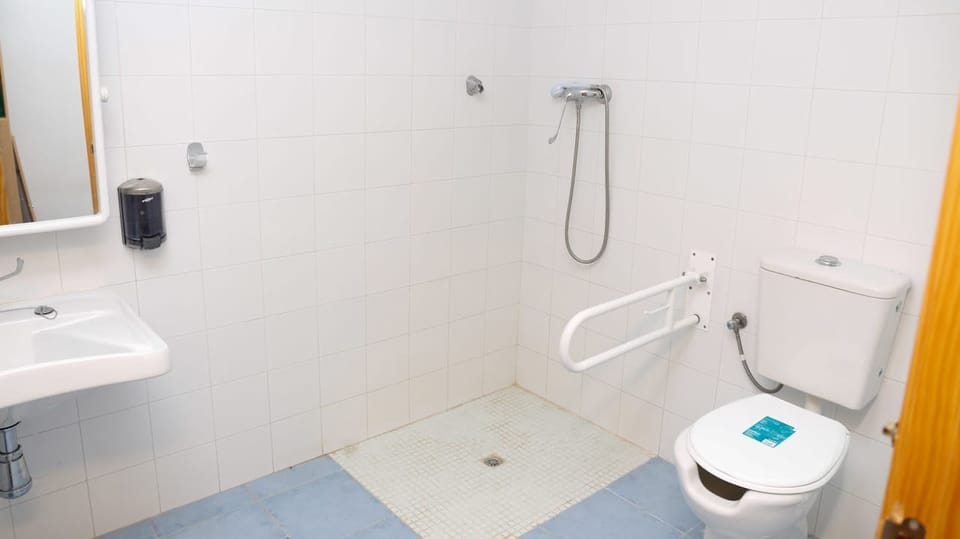 Baño adaptado con ducha a ras de suelo, barras de apoyo e inodoro con asidero abatible
