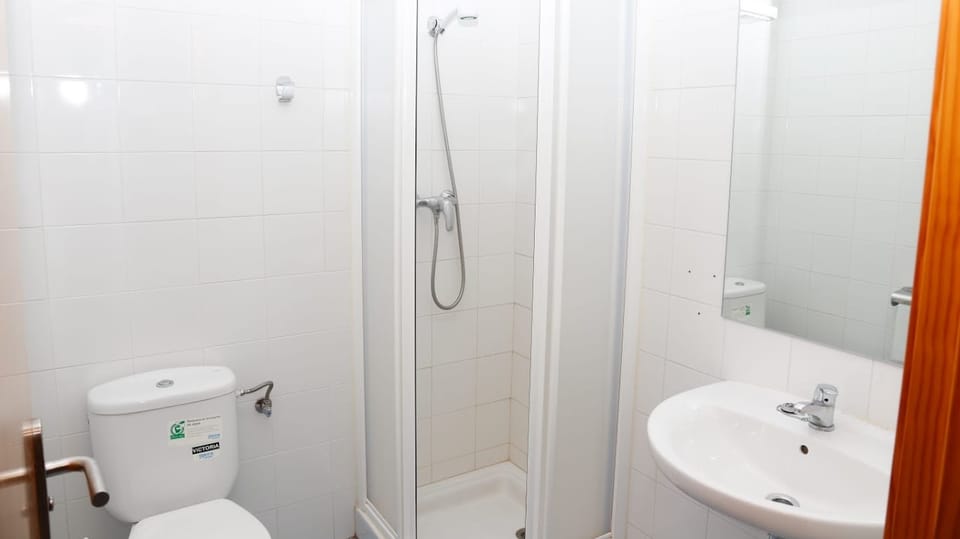 Cuarto de baño con plato de ducha, inodoro y lavabo con espejo