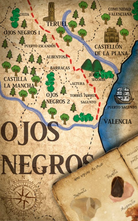 Mapa ilustrado del trazado de Ojos Negros a Sagunto, con el ferrocarril minero cruzando Teruel, Castellón y Valencia