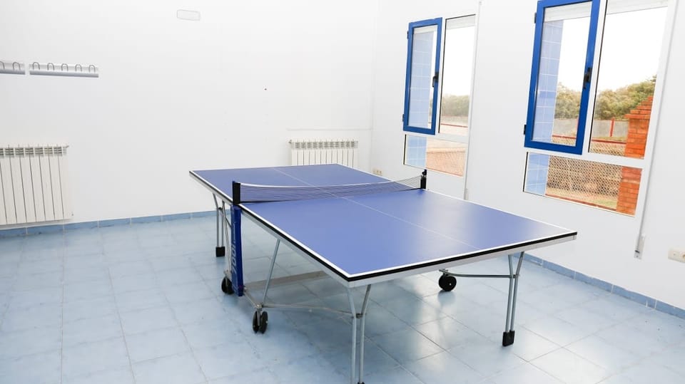 Sala con mesa de ping-pong azul junto a una ventana